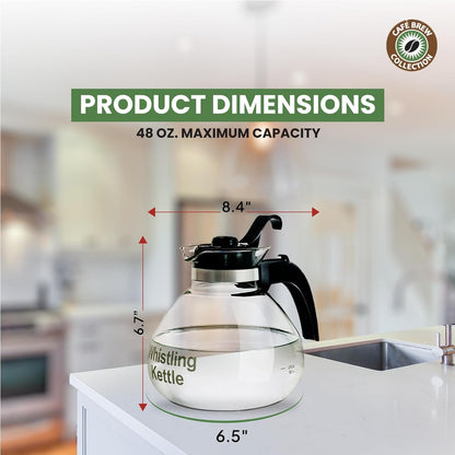 Café Brew Glass Tea Kettle, 12 Cup | German Borosilicate Glass. Gas & Electric Stovetop Safe. Heat Resistant. Whistles at Boil. 12-Cup Capacity.4