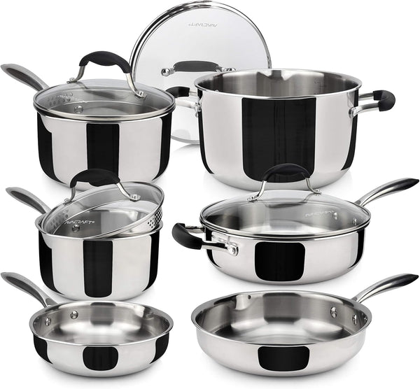 10 Piece 18/10 Stainless Steel Cookware Set | Tri-Ply Cookware, Glass Strainer Lid Included, Ergonomic Stay Cool Handles, Dishwasher Safe1