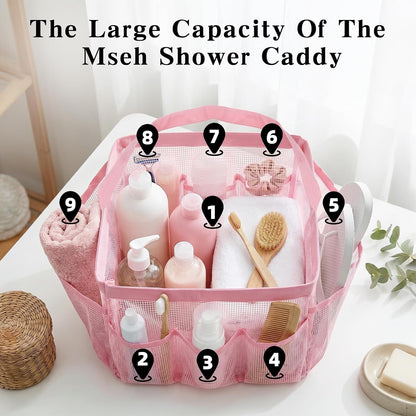 Mesh Shower Caddy, 9 Pocket Large Capacity Beach Tote Bag with Handle,Portable Shower Caddy Bag for College Dorm Room Essentials, Pink Hanging Bathroom Bag for Toiletry, Swimming, Gym, Camp, Beach3