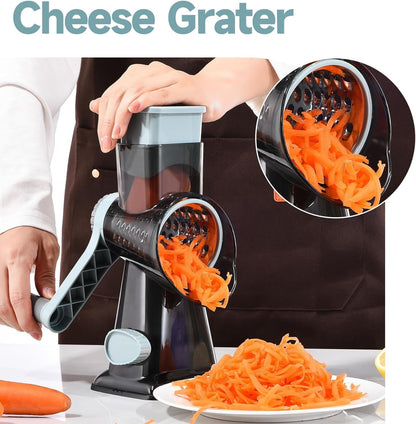 Rotary Cheese Grater with Handle Kitchen Shredder Slicer Grater Slicer Ice Shaver Cheese Vegetable Nuts Potato Zucchini Chocolate 3 Interchangeable Blades (Greyblue7
