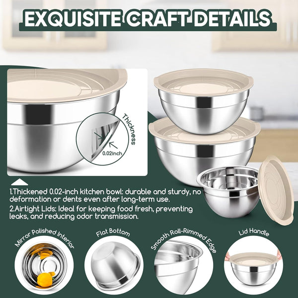 Stainless Steel Mixing Bowls with Lids Set of 3, 1.5/3/4.6Qt, Khaki5
