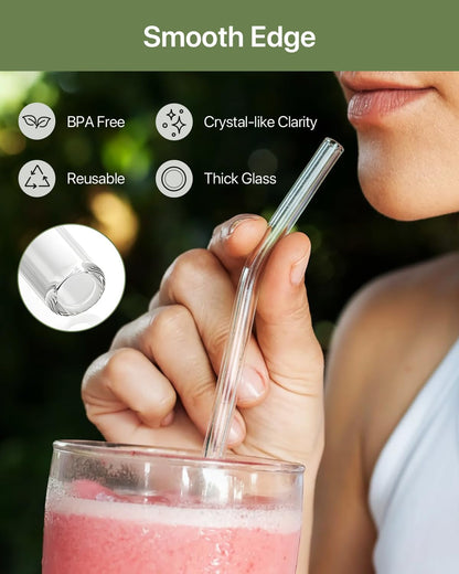 Glass Straws, 18-Pack Reusable Clear Glass Drinking Straws Set | 8 Straight and 6 Bent Straws, 4 Straw Cleaner Brush, Ideal for Smoothies, Milkshakes, Juice, Iced Coffee and Tea, 8.5”X 10Mm4