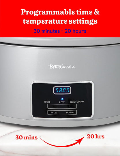 6-Quart Oval Digital Slow Cooker, 240 Watts, BC-4587S, Silver | Programmable Crock Pot up to 20 Hours, Electric Cooking Pot with LCD Digital Display, Removable Stoneware Crock Liner3