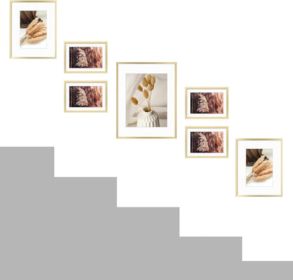 7 Pack Gold Aluminum Frame with White Mat, Real Glass7