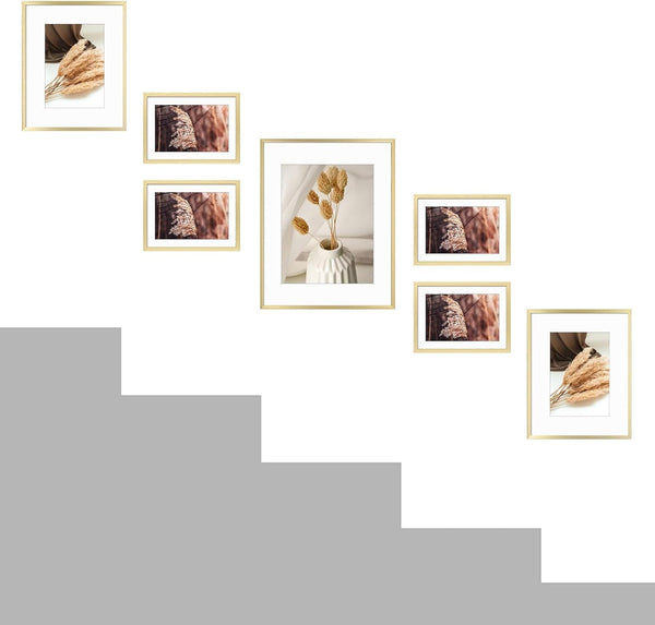 7 Pack Gold Aluminum Frame with White Mat, Real Glass7