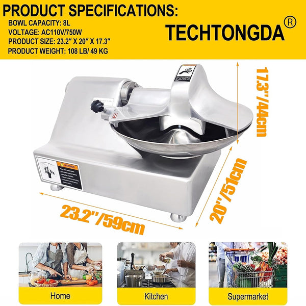110V Commercial Food Processor, 8L Electric Food Chopper Vegetable Cutter, Meat Grinder, Meat Bowl Cutter Chopper Machine for Vegetables, Grain, Nuts, Ginger, Garlic3