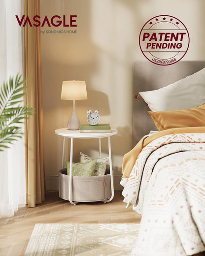 VASAGLE LILEA Collection - Small round Side End Table, Modern Nightstand with Fabric Basket, Matte White and Camel Brown ULET223W104