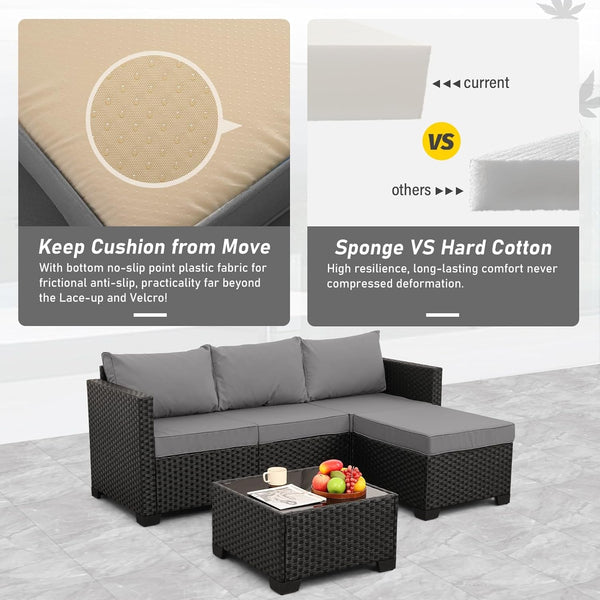 Wicker Patio Furniture Patio Couch 3 Pieces Outdoor Sectional with Ottoman and Outdoor Glass Table Weathering Anti-Slip Cushions Furniture Covers, Light Grey4