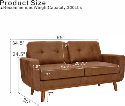 65" Loveseat Sofa,Mid Century Modern Love Seat Couches for Living Room,Button Tufted Upholstered Small Couch with Solid Wood Legs for Bedroom,Apartment,Office,Fabric,Light Brown2