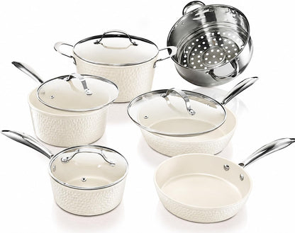 Hammered 15 Pc Ceramic Cookware Set Nonstick, Pots and Pans Set Non Stick with Induction Cookware, Cooking Utensils & Steamer, Non Toxic PFOA PFOS Free, Oven & Dishwasher Safe1