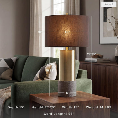 Signature Design by Ashley Jacek Contemporary Table Lamp Set of 2 | Textured Faux Concrete and Brass-Finished Metal, Black Drum Shade with Goldtone Foil Interior, Living Room and Bedside Use2