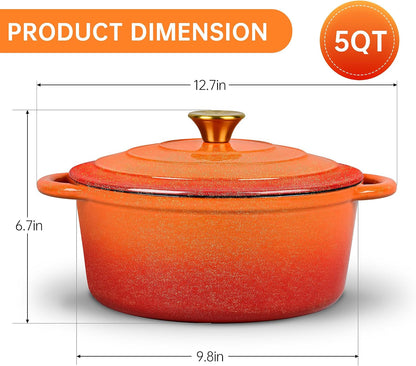 5 QT Enameled Cast Iron Dutch Oven Pot with Lid & Gold Powder | Dutch Oven for Sourdough Bread Baking, Braising, Stews, Roasting, Oven Safe up to 500° F, Orange Kitchen Cookware with Handls5
