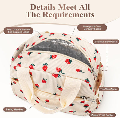 Lunch Box for Women, Cute Strawberry Corduroy Insulated Lunch Bag Women Reusable Work Leakproof Simple Adults Large Lunch Boxes Tote Bag Men Cooler Bag4