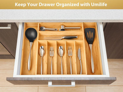 Large Expandable Kitchen Silverware Utensils Drawer Organizer, 2.5" Extra High Adjustable Drawer Divider with Curved Grooves, Bamboo Wood Cutlery Tray Flatware Holder6