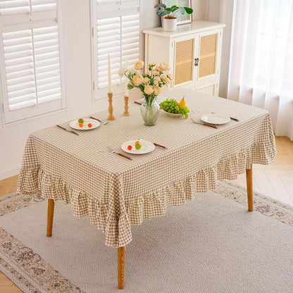 Brown Gingham Ruffled Tablecloth 84X60 Inches Rectangle Buffalo Plaid Cover2