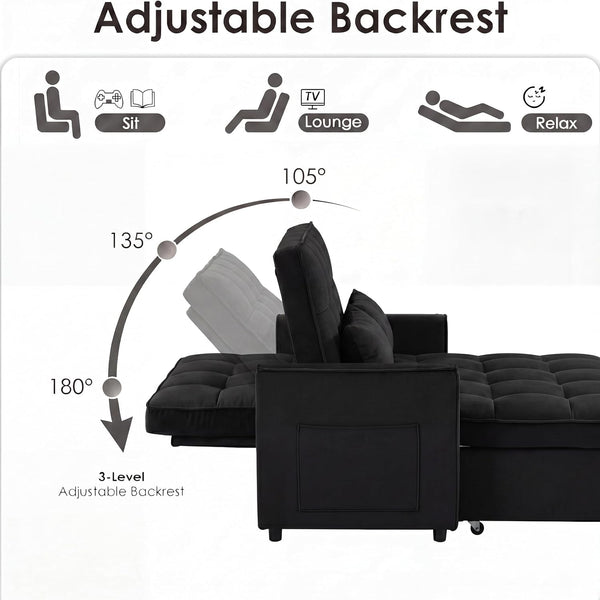 3 in 1 Convertible Sleeper Sofa Bed, 54'' Full Size Velvet Pull Out Futon Couch Recliner with Reclining Backrest & 2 Pillows, Small Loveseat Lounge Couches for Small Spaces (Black)3