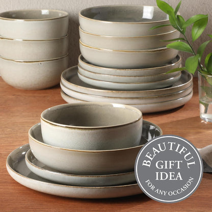 Sunveil 16 Piece (Service for 4) Plates and Bowls Reactive Glaze round Dishes Stoneware Ceramic Dinnerware Set - Light Taupe5