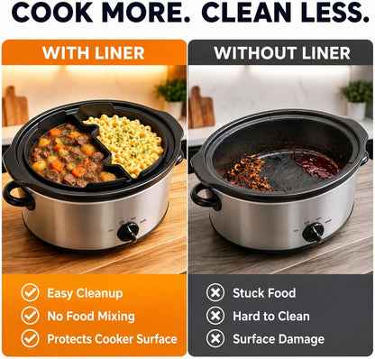 for Crock Pot Divider 6 QT Silicone Slow Cooker Liner, 2-Compartment | Reusable Insert W/ Handles, Dual-Dip for Better Heat Circulation, Easy Clean, for 6 Quart Oval Cookers, Verify Dimensions Ist5