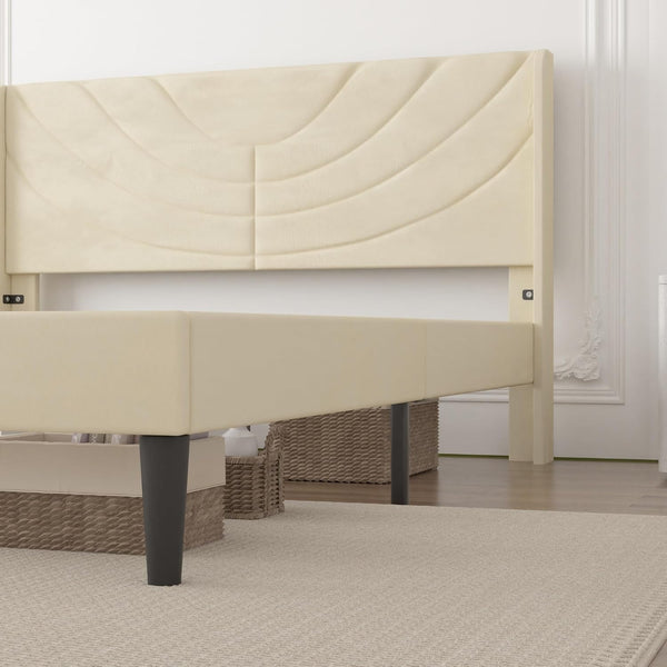 Upholstered Platform Queen Size Bed Frame with Fabric Headboard,Wooden Slats Support/No Box Spring Needed/Mattress Foundation,Beige4