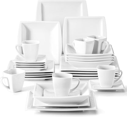 30 Piece Porcelain Dinnerware Set, Square Plates and Bowls for 61