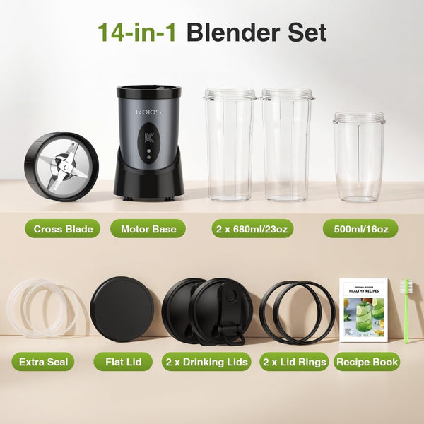 Smoothie Blender Kitchen, 900W Personal Blenders with 3 To-Go Cups | (2) 23Oz & 16Oz Cups, Blend Smoothies Shakes Juices Frozen Drinks, Dishwasher Safe Part, Twist-Lock, 14Pcs, Recipe, Grey Blue9