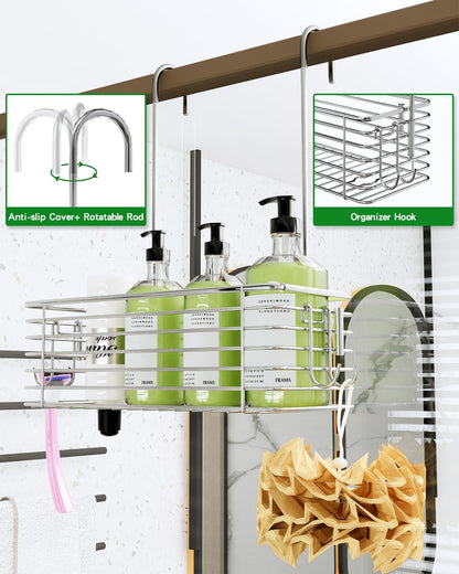 Over Door Shower Caddy, Stainless Steel Bathroom Organizer with Rotating Hooks, Hanging Storage Basket for Shampoo5