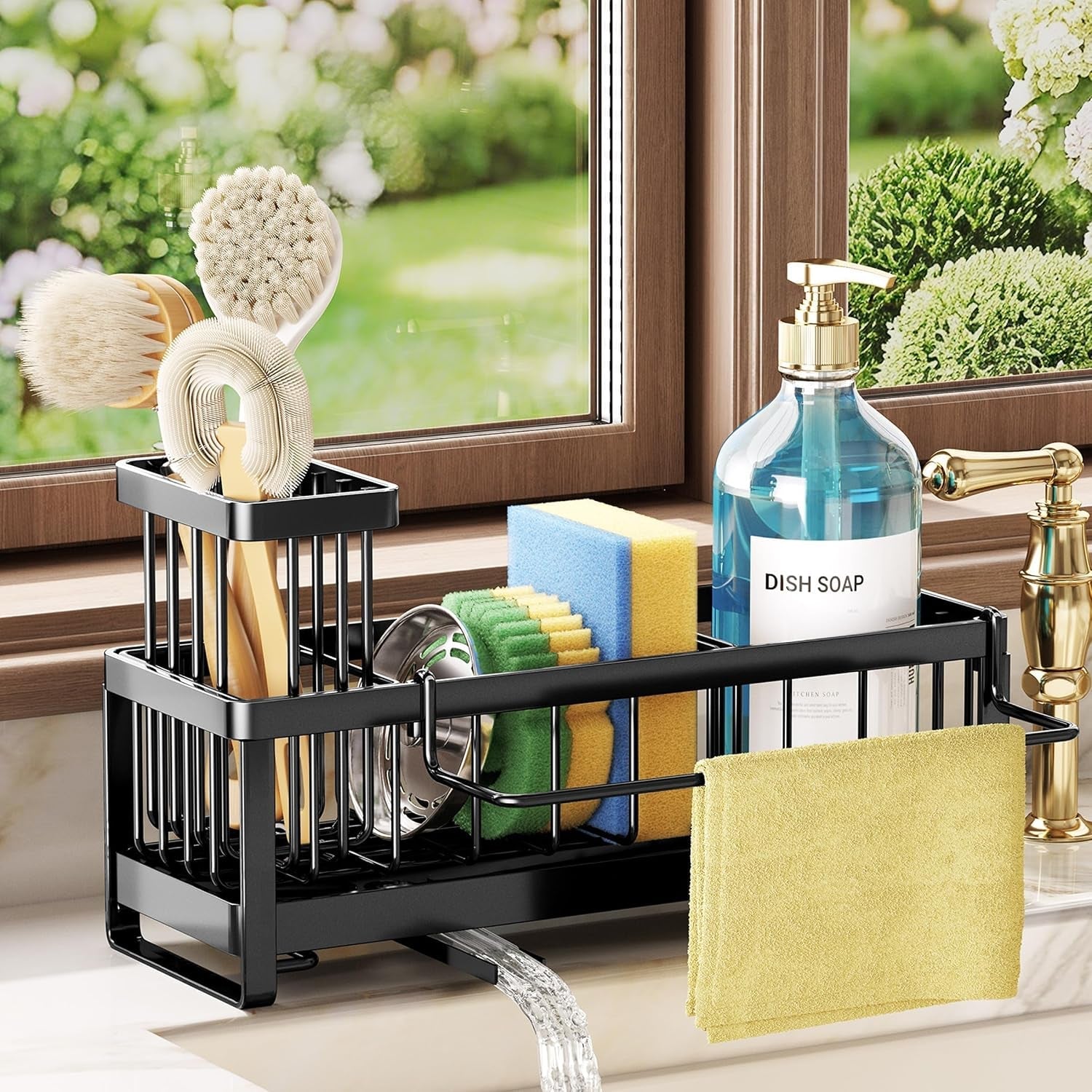 sponge-holder-for-kitchen-sink-sink-caddy-with-brush-holder-self-draining-sponge-caddy-organizer-with-divider-stainless-steel-kitchen-accessories-storage-for-countertop-black
