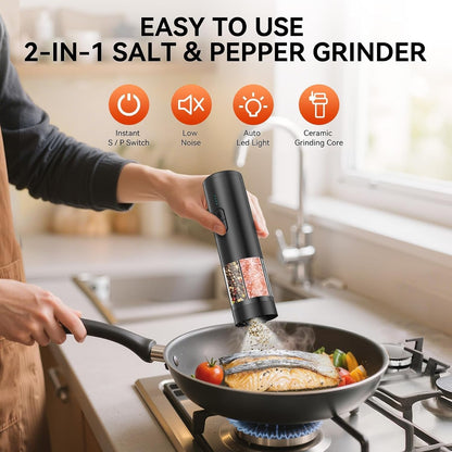 2 in 1 Electric Salt and Pepper Grinder Set, USB Rechargeable, Automatic Salt and Pepper Mill Shakers with Battery Display, LED Light, Adjustable Coarseness Ideal for Kitchen Gift(Black)2