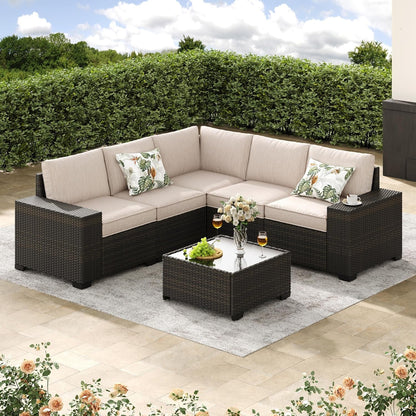6-Piece Patio Furniture Set, All-Weather Outdoor Wicker Sectional Sofa with Cushions, Glass Table & Left and Right Armrest, Rattan Conversation Seating for Porch, Garden, Backyard,Beige1