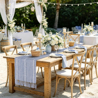 Dusty Blue Table Runner 15 X 72 Inches, Spring Summer Cotton Linen Farmhouse Dresser Runner Cover Top, Rustic Blue and White Coastal Table Decor for Dining Room, Kitchen, Wedding, Party, Home Decor8