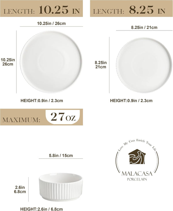 Porcelain 12 Pieces Plates and Bowls Set, Dinnerware Set for 42
