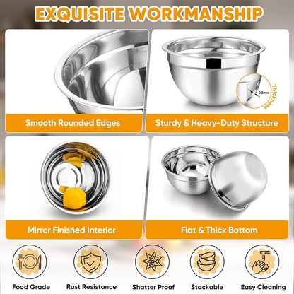 Mixing Bowls Set of 5, Stainless Steel Metal Salad Bowls with Lids4