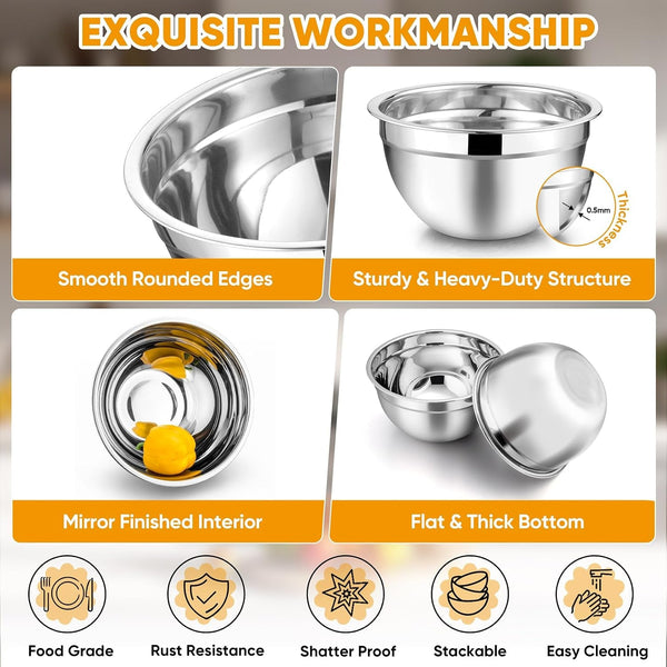 Mixing Bowls Set of 5, Stainless Steel Metal Salad Bowls with Lids4