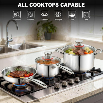 Stainless Steel Cookware Set of 6, 10-Pieces Pots and Pans Sets | 3-Ply Pots and Pans for Kitchen, Induction Multi Cooktops & Oven, Dishwasher Safe, Frying Pans, Saucepans, Saute Pan & Pot3