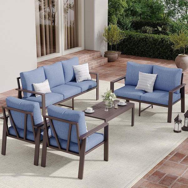 Aluminum Patio Furniture Set 5 Pieces Modern Patio Conversation Sets for Porch, Deck, Garden, 7-Seat Outdoor Furniture Metal Sofa Set with 4" Water-Resistant Cushion & Coffee Table,Navy4