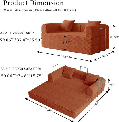 Futon Sofa Bed Modular Loveseat Sleeper Folding Pull Out Couch with Pillows, No Assembly Required Boneless Couch for Living Room Bedroom Guest Room (Orange, 59.06" Loveseat Sofa)2