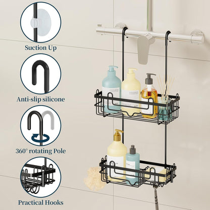 over the Door Shower Caddy - 2-Tier Hanging Shower Organizer with Soap Holder, Rustproof Bathroom Storage and Organizer Rack for Shampoo, Towels, and Toiletries, Black5