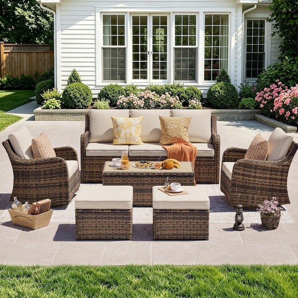 6 Pieces Patio Furniture Set with Swivel Chair, Outdoor Patio Conversation Set, Outdoor Wicker Sofa Couch with Waterproof Cushions for Lawn Backyard Porch (Brown)3