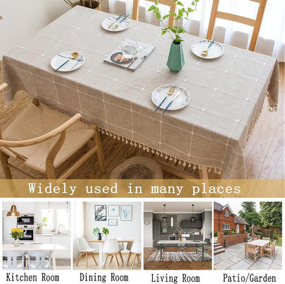Cotton Linen Tablecloth, Tassel Stitching Table Cloth, Wrinkle Free Farmhouse Table Cover for Kitchen Dining, Party, Holiday (Square, 55''X55'', 4 Seats, Plaid Beige)5