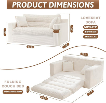 Convertible Sofa Bed, Pull Out Boneless Couch Loveseat Floor Sofa Bed with Pillows, 2-Seater Folding Sofa Loveseat Boneless Couch for Living Room, Bedroom, Apartment, Office (Beige)2