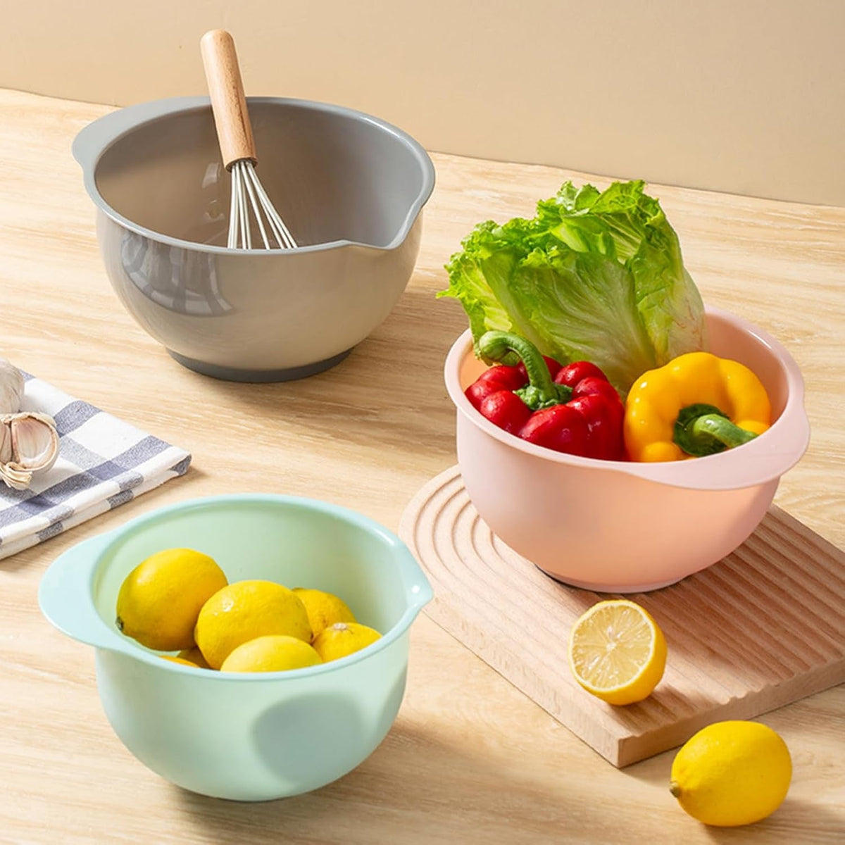 set-of-3-mixing-bowls-with-pour-spout-nesting-design-saves-space-non-slip-bpa-free-dishwasher-safe-plastic-kitchen-cooking-and-baking-supplies-green-pink-grey
