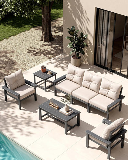 HDPE Outdoor Patio Furniture Set, Grey Frame & Beige Cushions7