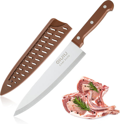 8 Inch Chef Knife, Razor Sharp Kitchen Knife with Protective Knife Sheath, Razor Sharp Slicing Knife with Ergonomic Handle, German Stainless Steel, Dishwasher Safe (Brown Color)1