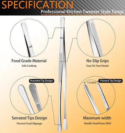 6 Pcs Cooking Tweezer Tongs, 12'' and 6.3" Stainless Steel Kitchen Tweezer Set, Professional Chef Tweezers for Cooking, Repairing, Sea Food, BBQ, Multi-Use2