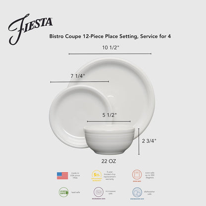 ® 12-Piece Bistro Coupe Dinnerware Set (Service for 4) – Durable Ceramic, Lead-Safe, Dishwasher/Microwave/Oven Safe – Made in USA Dinnerware - Meadow2