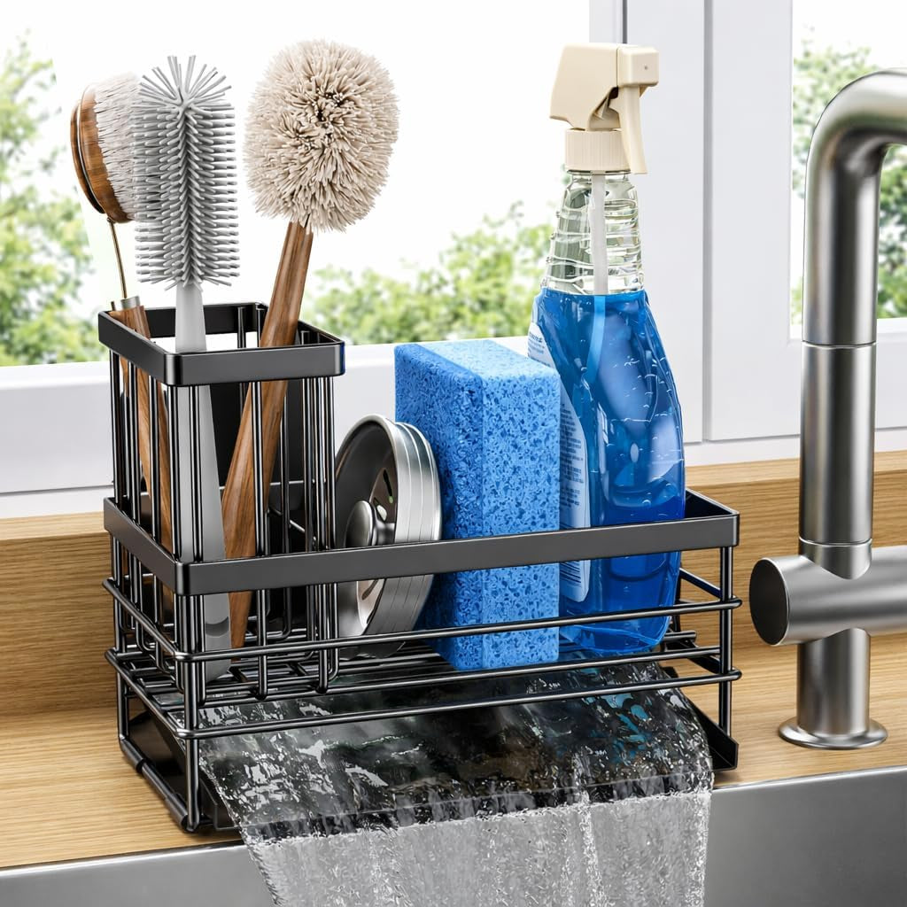 sink-caddy-sponge-holder-for-kitchen-with-brush-holder-and-stainless-steel-self-drain-tray-rustproof-kitchen-sink-organizer-for-sponge-soap-dispenser-storage-accessories