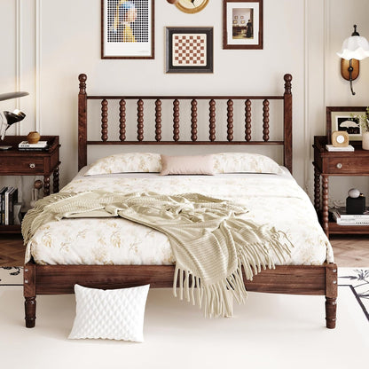 Walnut Vintage Wood Bed Frame Queen Size with Spindle Headboard1