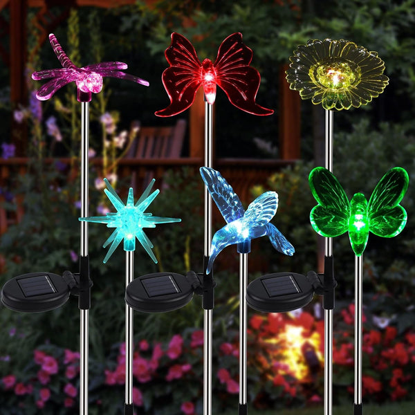 6 Pack Solar Garden Stake Lights Outdoor, Solar Butterfly Figurine Lights, Multi-Color Changing LED Landscape Lighting, Sparkling Star Flower Hummingbird Dragonfly Bee for Patio Yard Pathway1