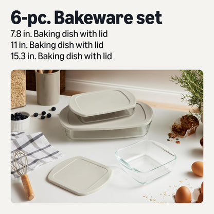 Glass Baking Dishes with Bpa-Free Lids, 6-Piece Bakeware Set, Borosilicate Glass, Oven-Safe up to 752°F, Non-Slip and Stackable, Dishwasher-Safe, Linen Gray2