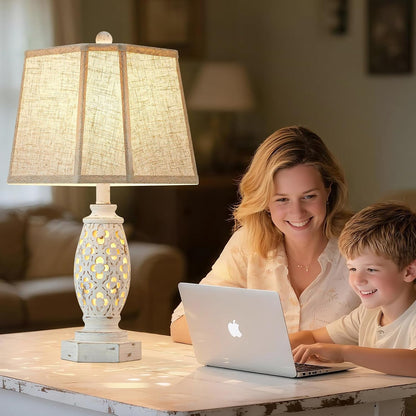 Lamps for Night Stands Set of 2-23.5" Bedside Lamp with USB A+C and Nightlight - Rustic Farmhouse Table Lamp for Bedrooms, End Tables, Living Room - French Country Decor, Bulbs Included, Cream9